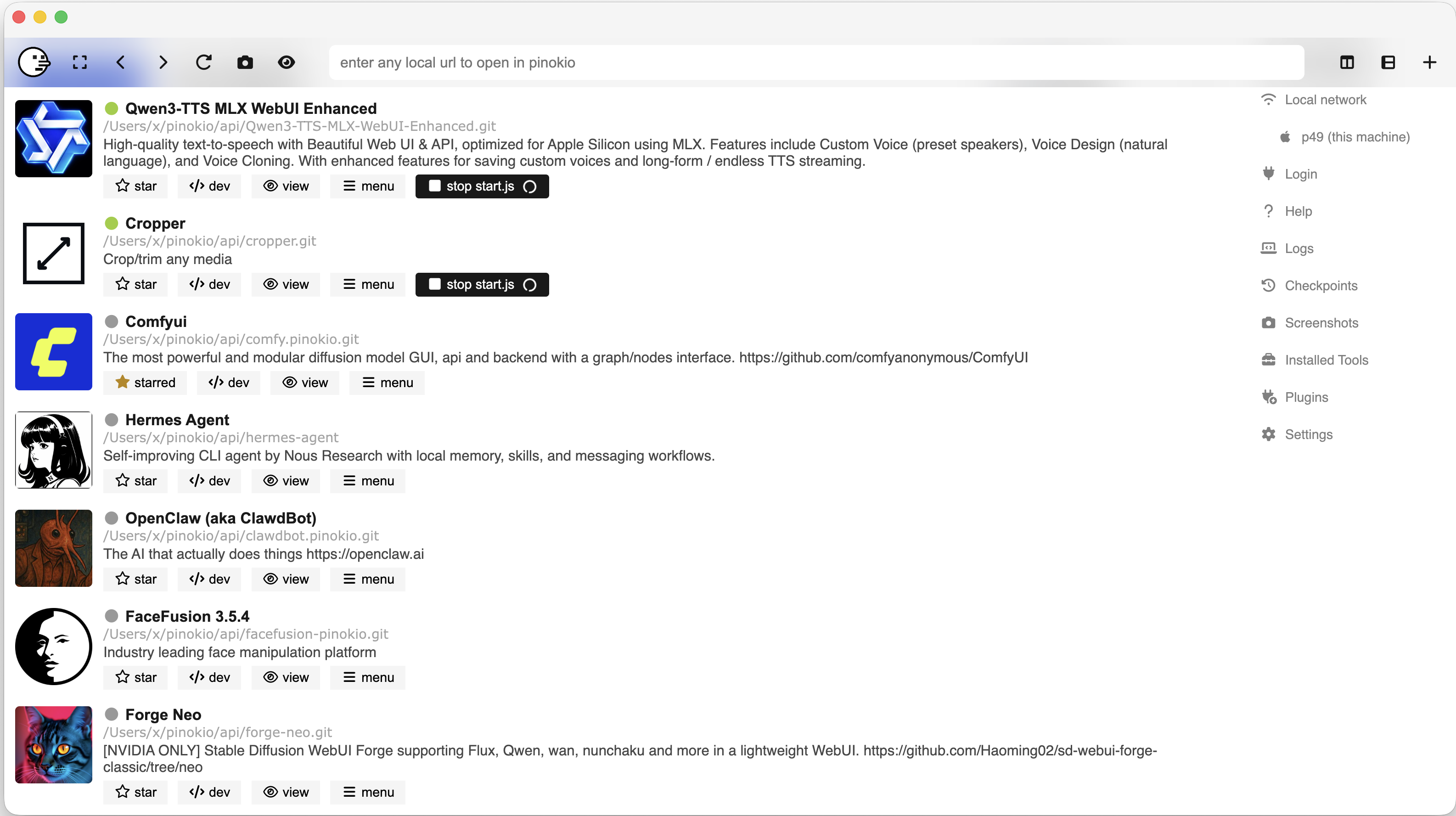 Pinokio localhost app overview